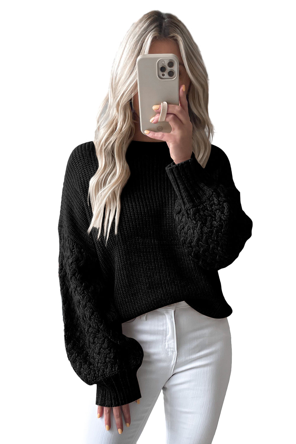 Cable Knit Sleeve Drop Shoulder Sweater, S-XL, two color choices