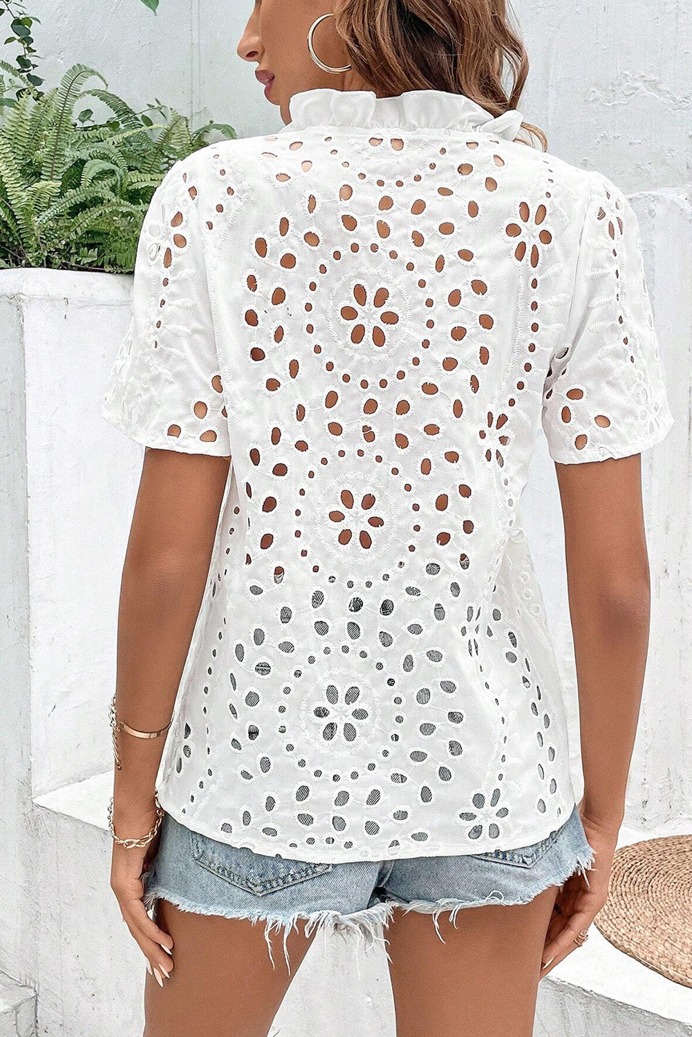 Geometric Embroidery Hollow Out Blouse, S-XL