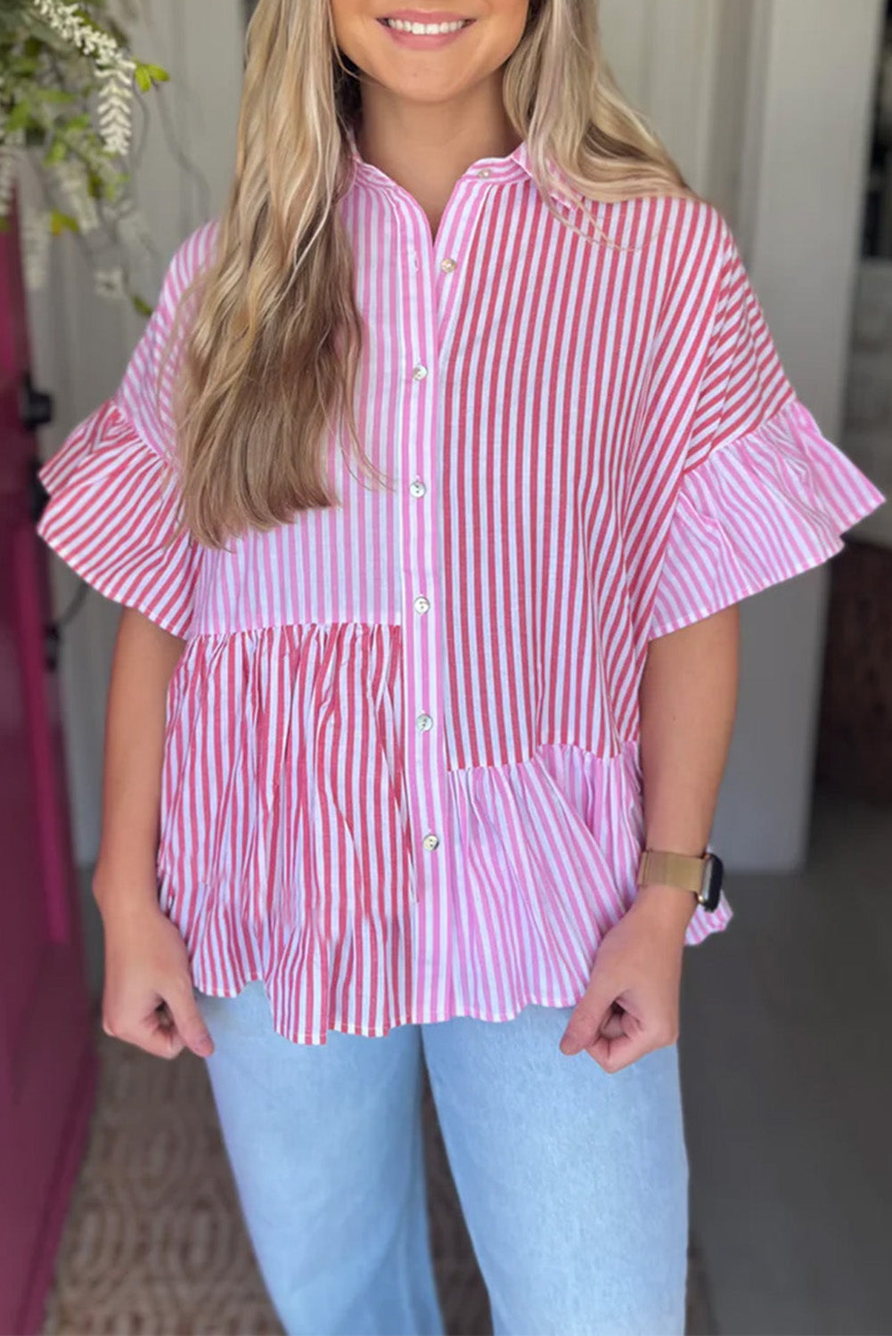 Striped Patchwork Ruffled Hem Button up Shirt, S-XL