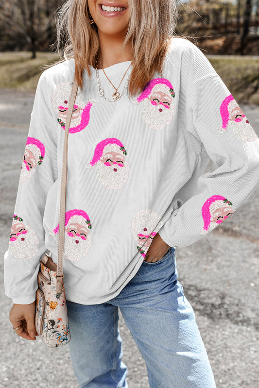 Sequin Santa Ribbed Oversized Graphic Sweatshirt