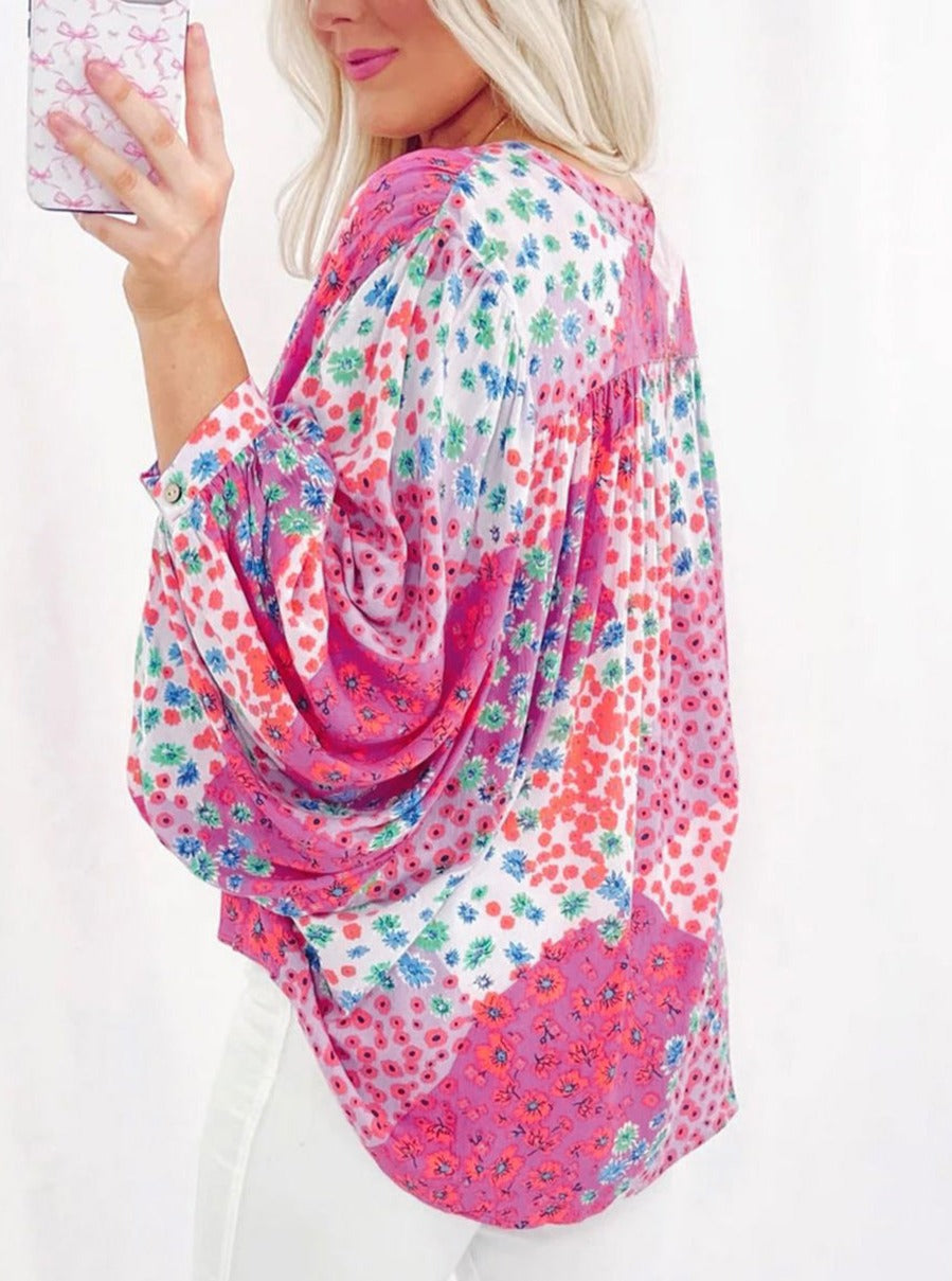 Floral Print Buttoned V Neck Oversized Shirt, S-XL