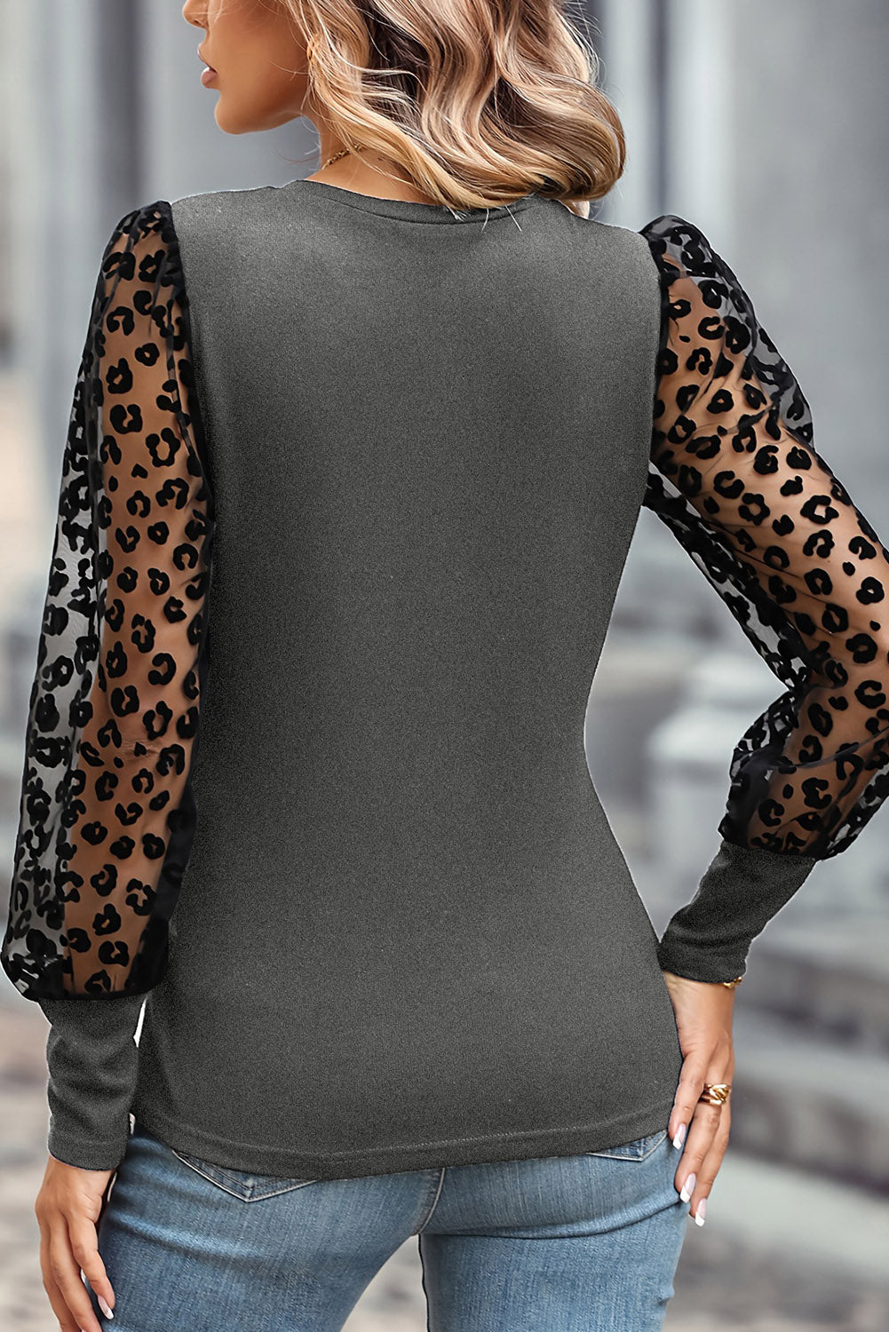 Black Casual Leopard Transparent Peasant Sleeve Shirt, S-2XL