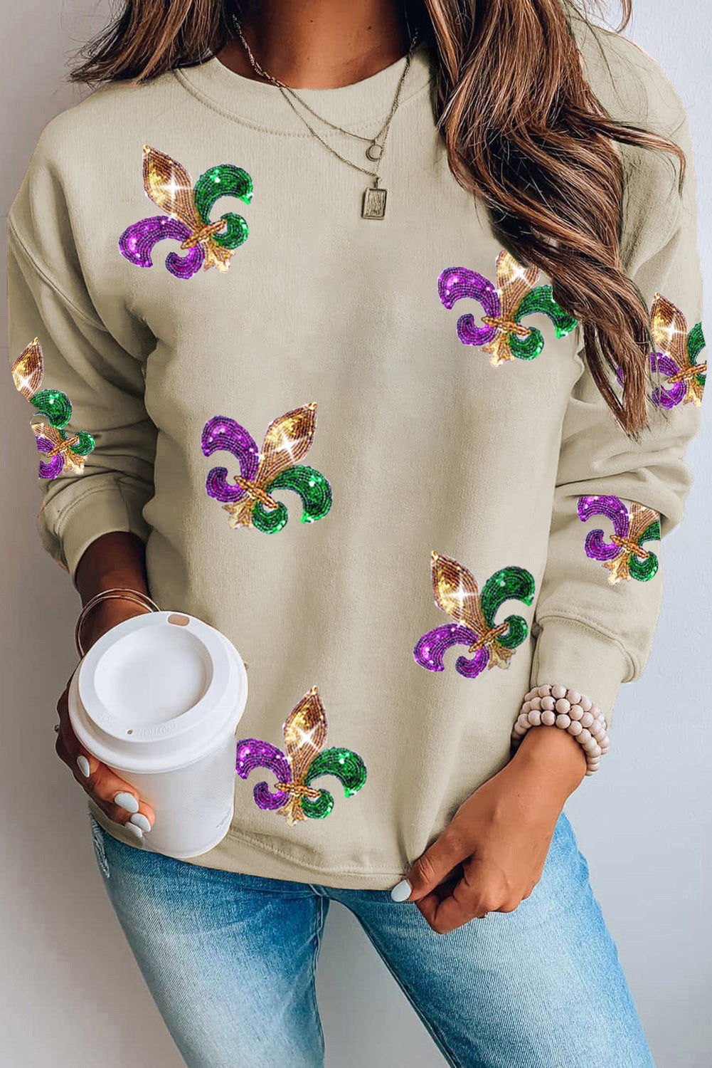 Sequin Fleur De Lis Pullover Sweatshirt, S-2XL, two color choices