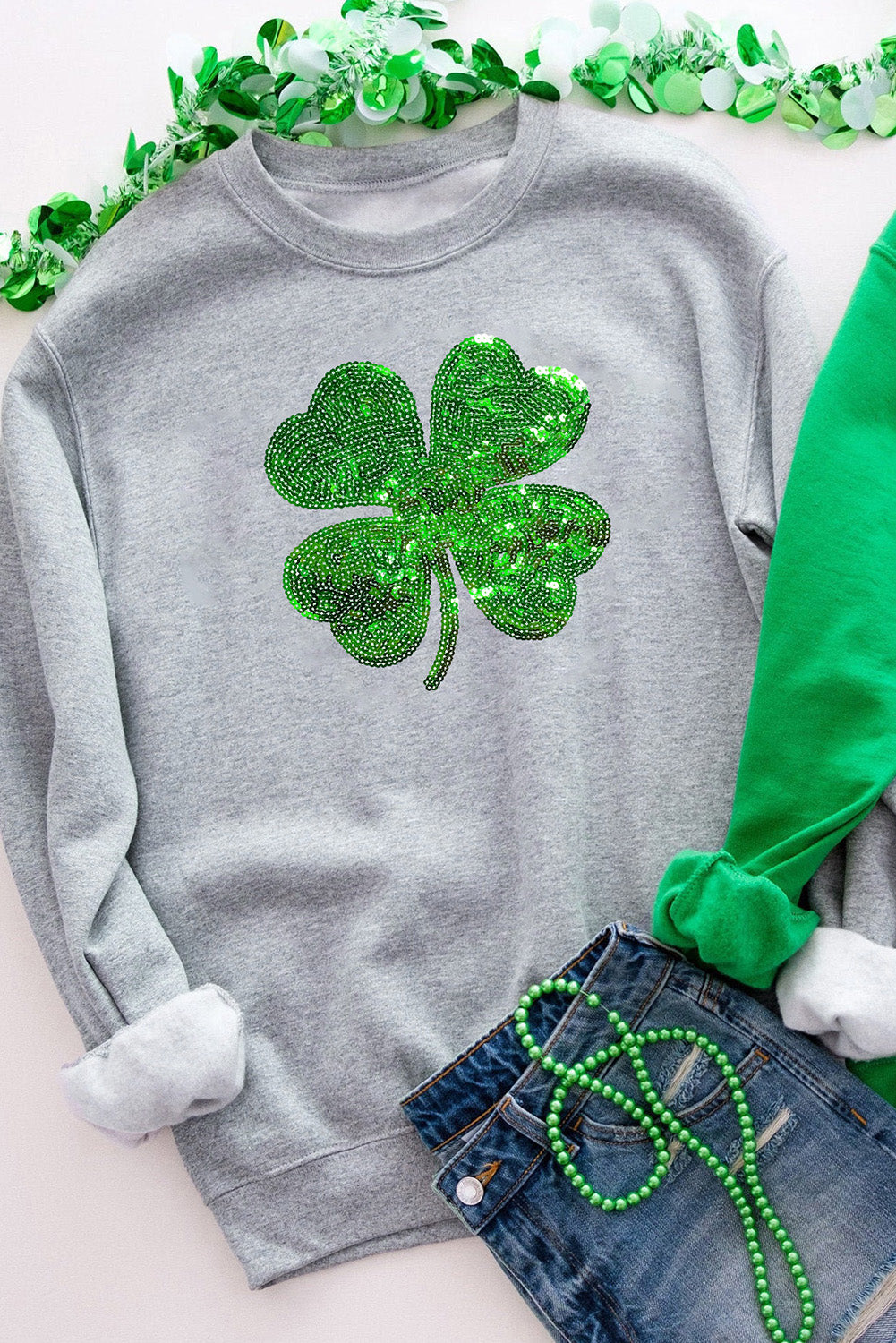 Sequined Clover Patch Sweatshirt, S-2XL