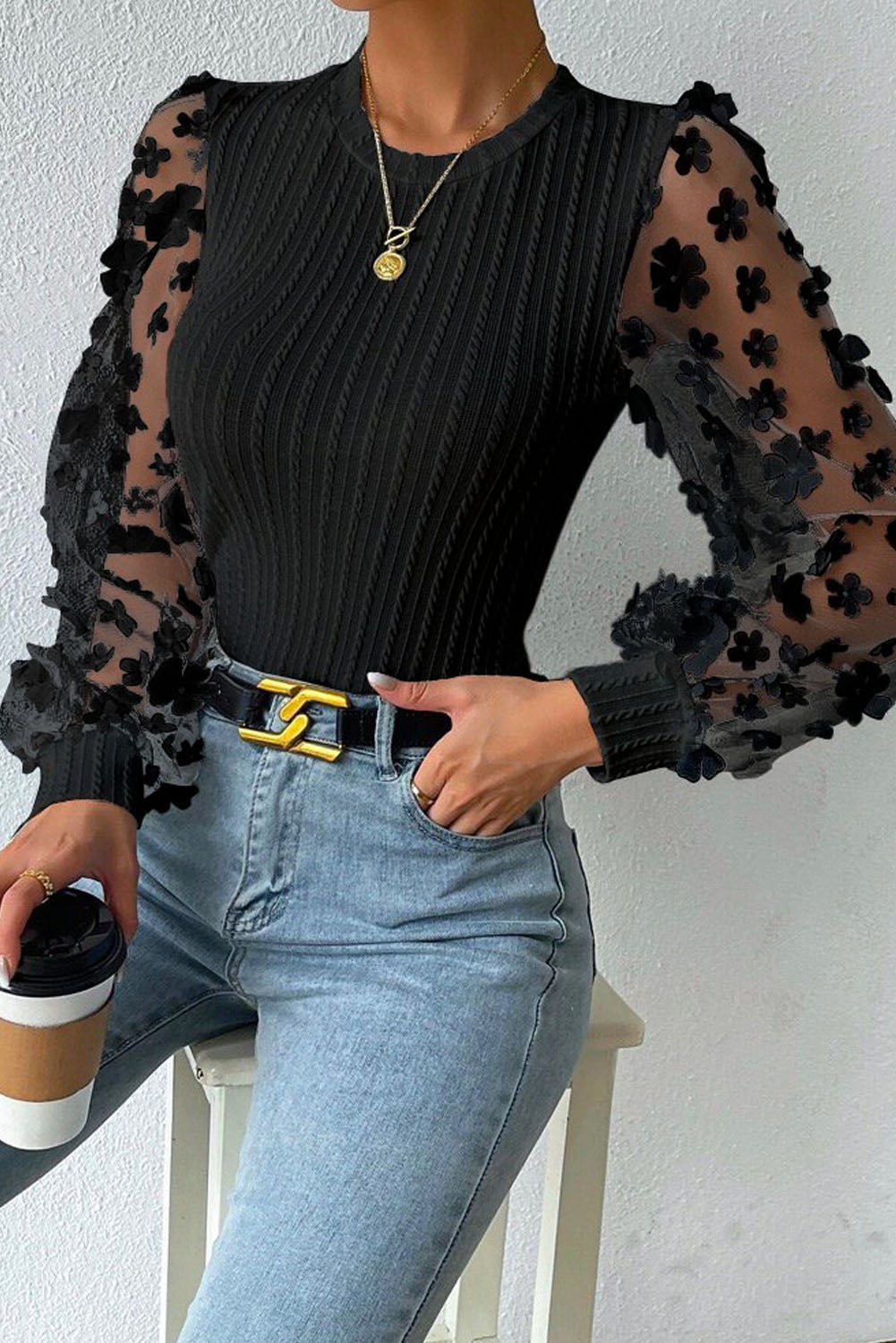 Floral Applique Mesh Sleeves Textured Knit Blouse, S-XL, two color choices!