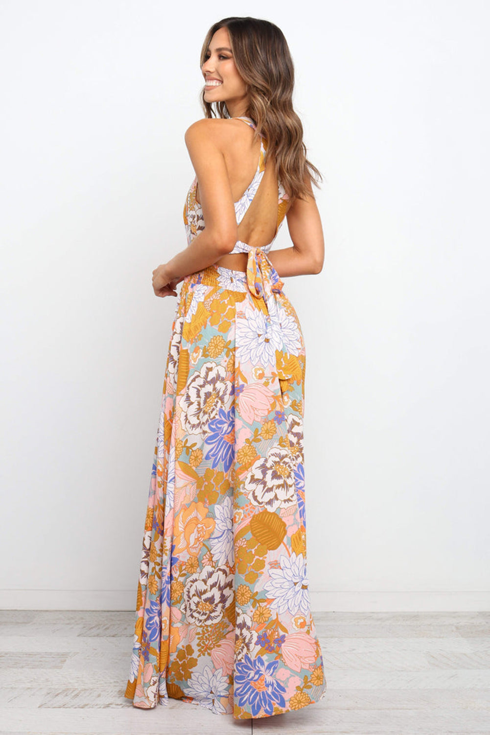 Boho Floral Backless Lace up Sleeveless Maxi Dress, S-XL