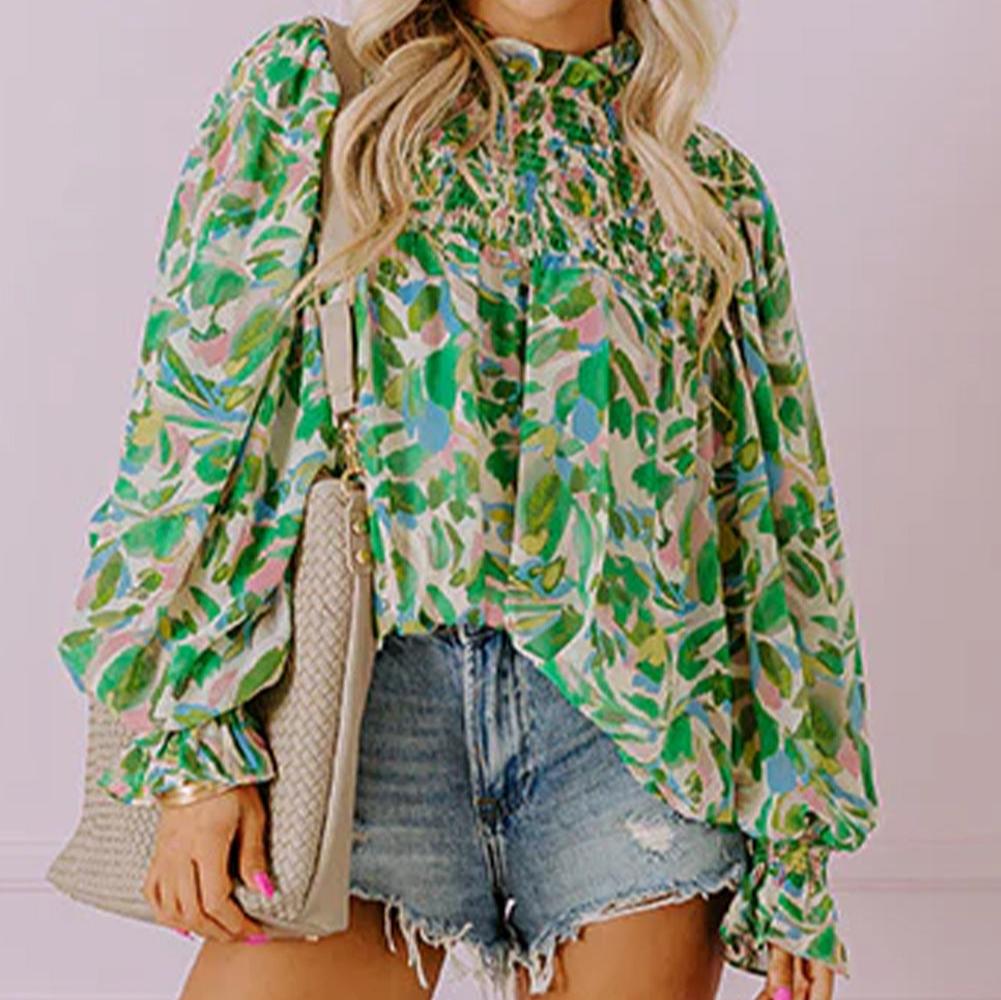 Leafy Printed Flounce Sleeve Shirred Mock Neck Blouse, S-XL