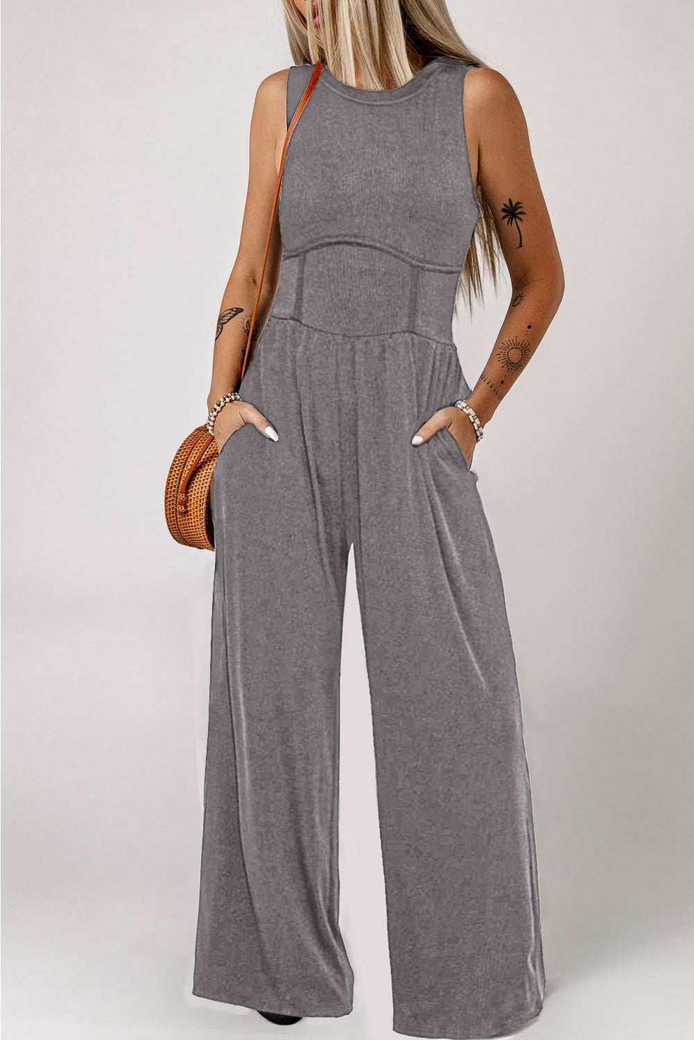 Cinched Waist Sleeveless Wide Leg Jumpsuit, S-XL