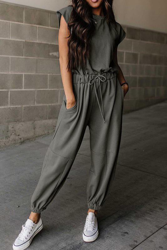 Cap Sleeve Open Back Drawstring Jogger Jumpsuit, S-XL