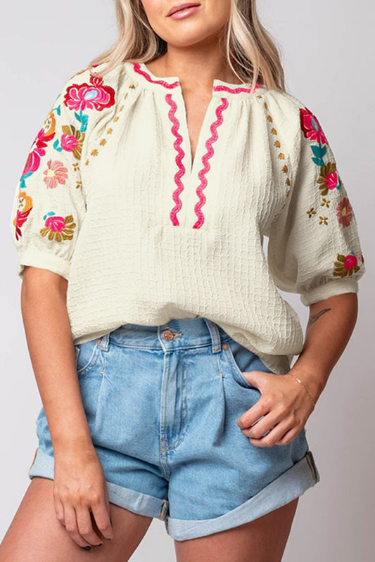 Floral Embroidered Ricrac Puff Sleeve Textured Blouse, S-2XL