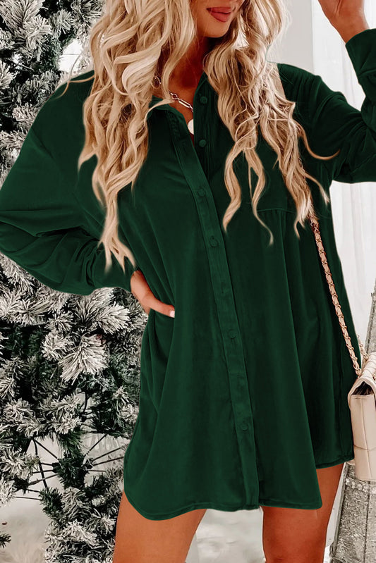 Velvet Button Front Shirt Dress, S-2XL