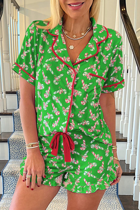 Christmas Candy Cane Print Pocketed Knotted Pajama Set, S-2XL, three color choices