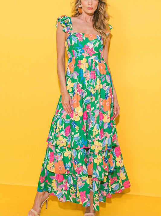 Green Floral Print Sleeveless Ruffle Tiered Maxi Dress, S-XL