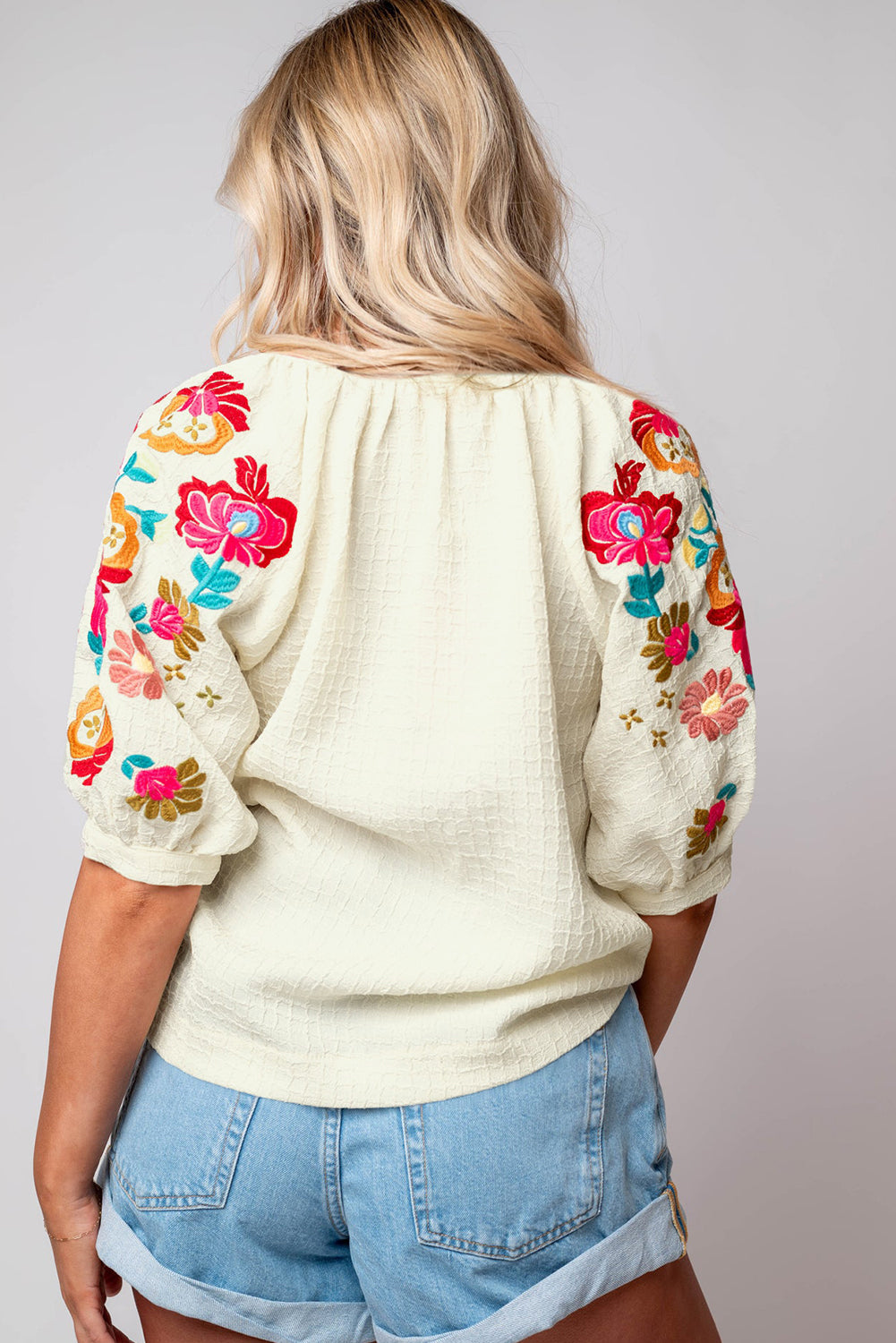 Floral Embroidered Ricrac Puff Sleeve Textured Blouse, S-2XL