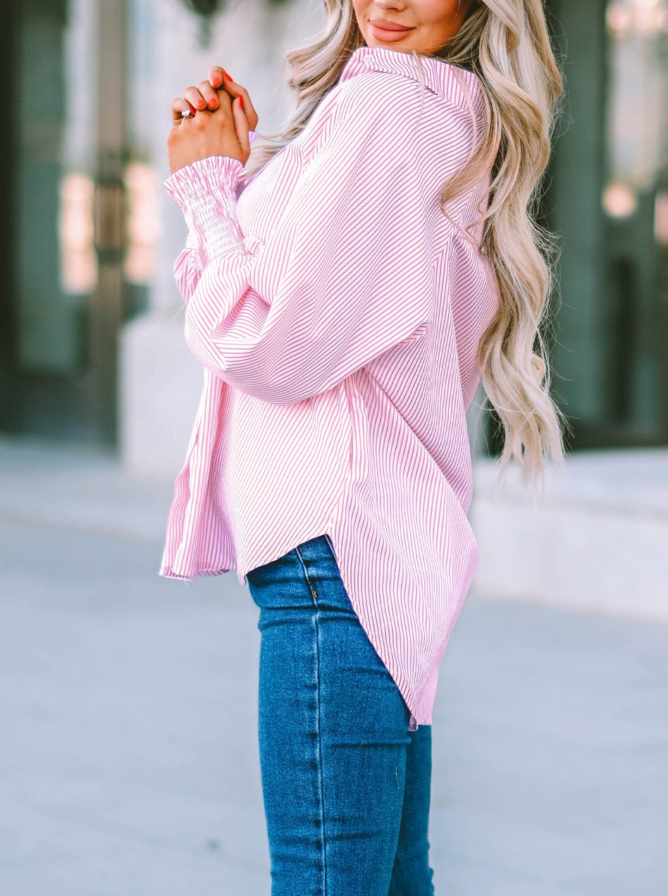 Smocked Cuffed Striped Boyfriend Shirt with Pocket, XS-2XL, Several color choices!