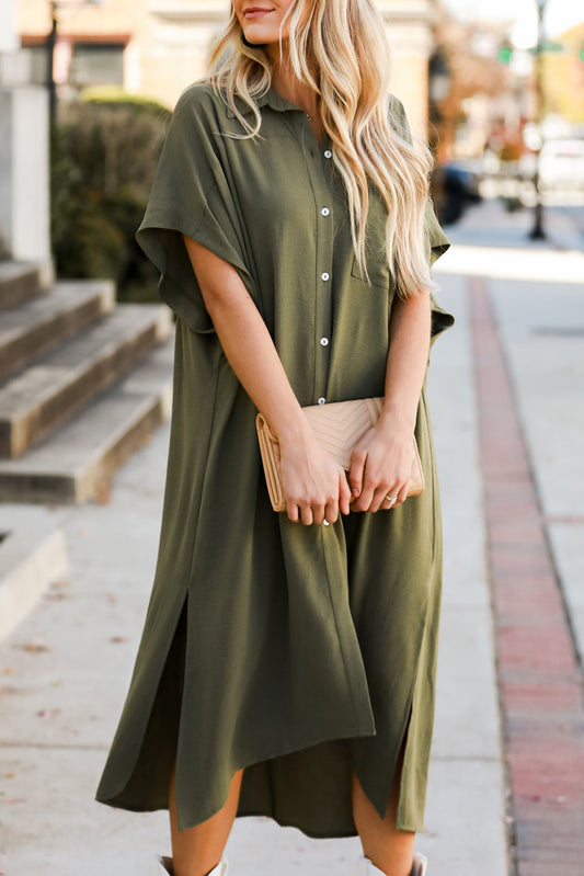 Loose High Low Side Slits Short Sleeve Shirt Dress, S-XL