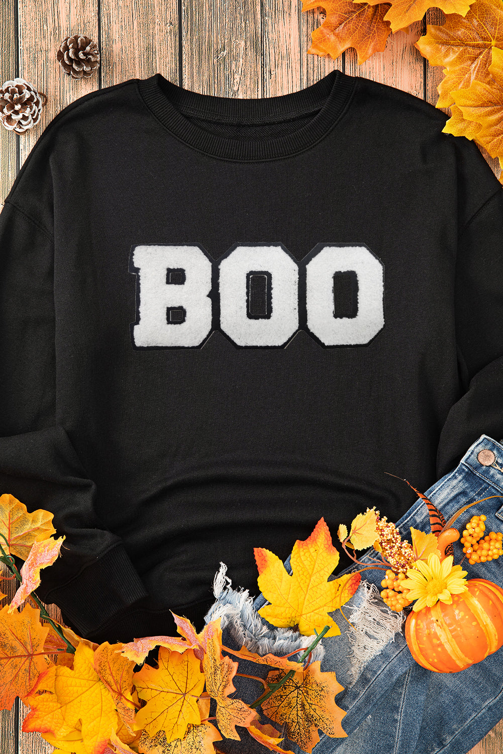 BOO Patched Crewneck Halloween Sweatshirt, S-2XL