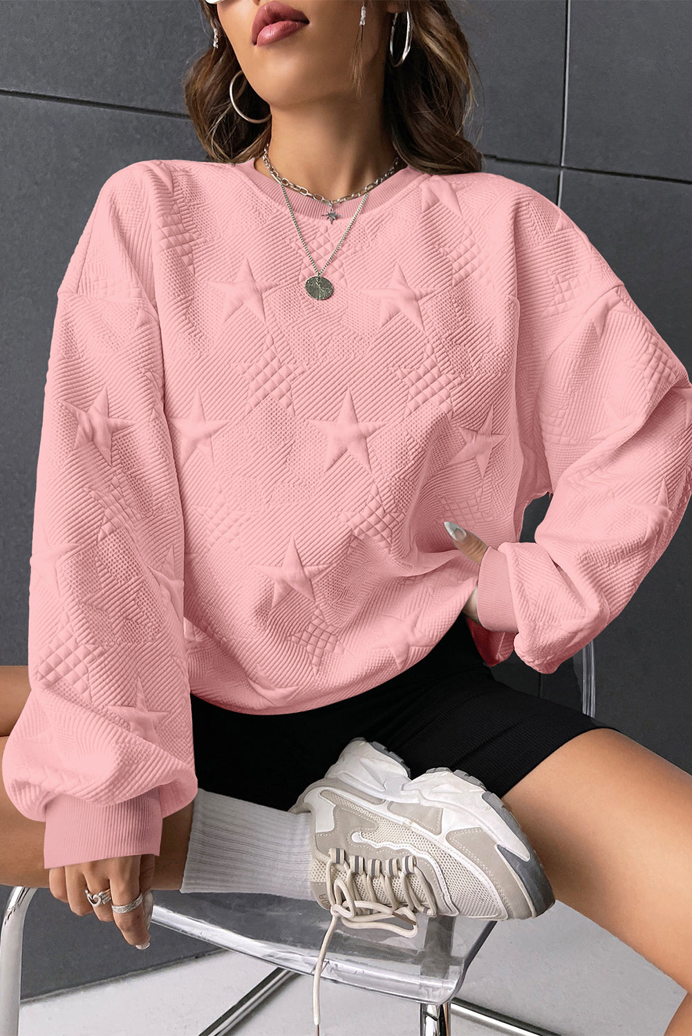 Star Embossed Textured Sweatshirt, S-XL, three color choices