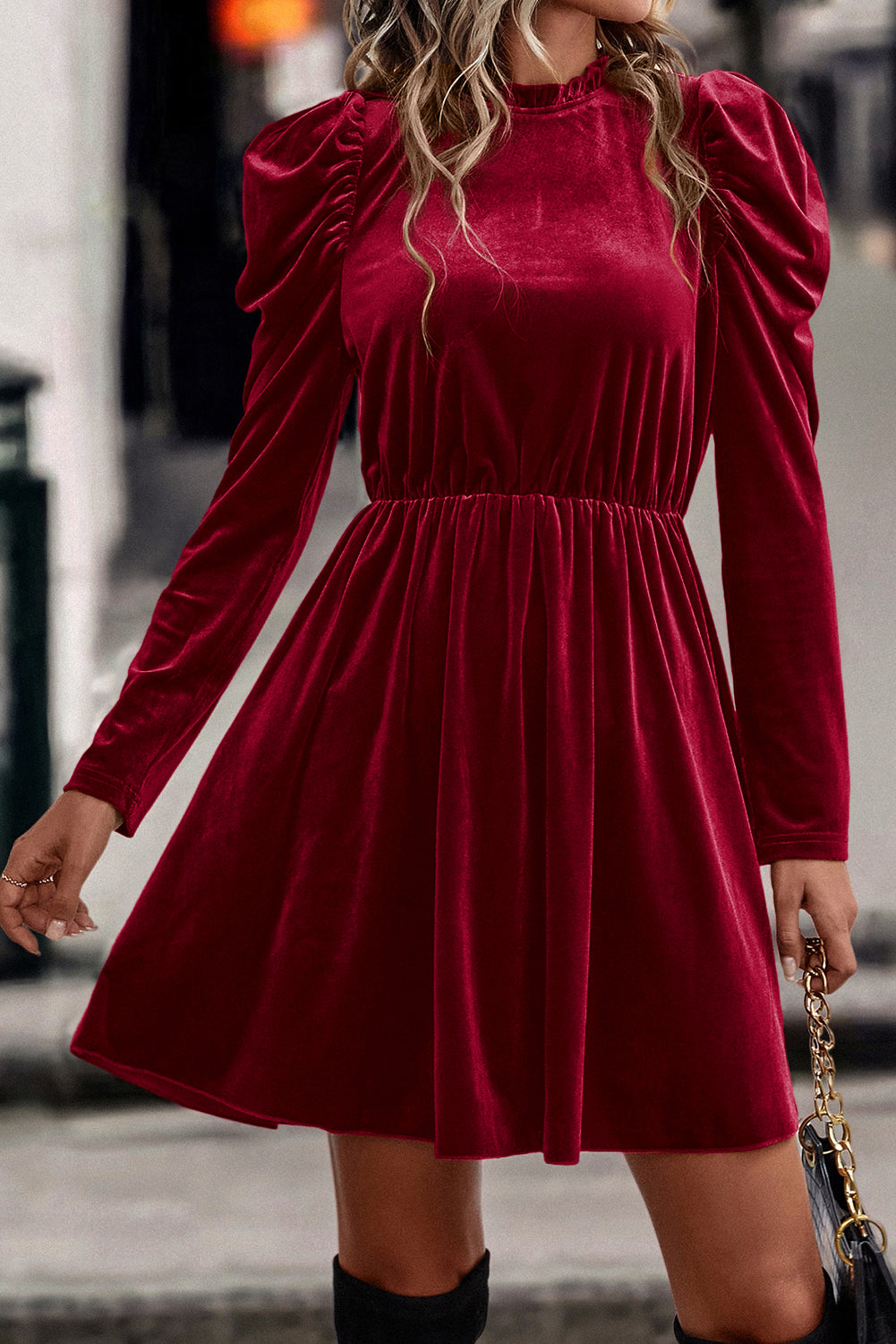 Velvet Frilled Neck Gigot Sleeve Swing Dress, S-XL