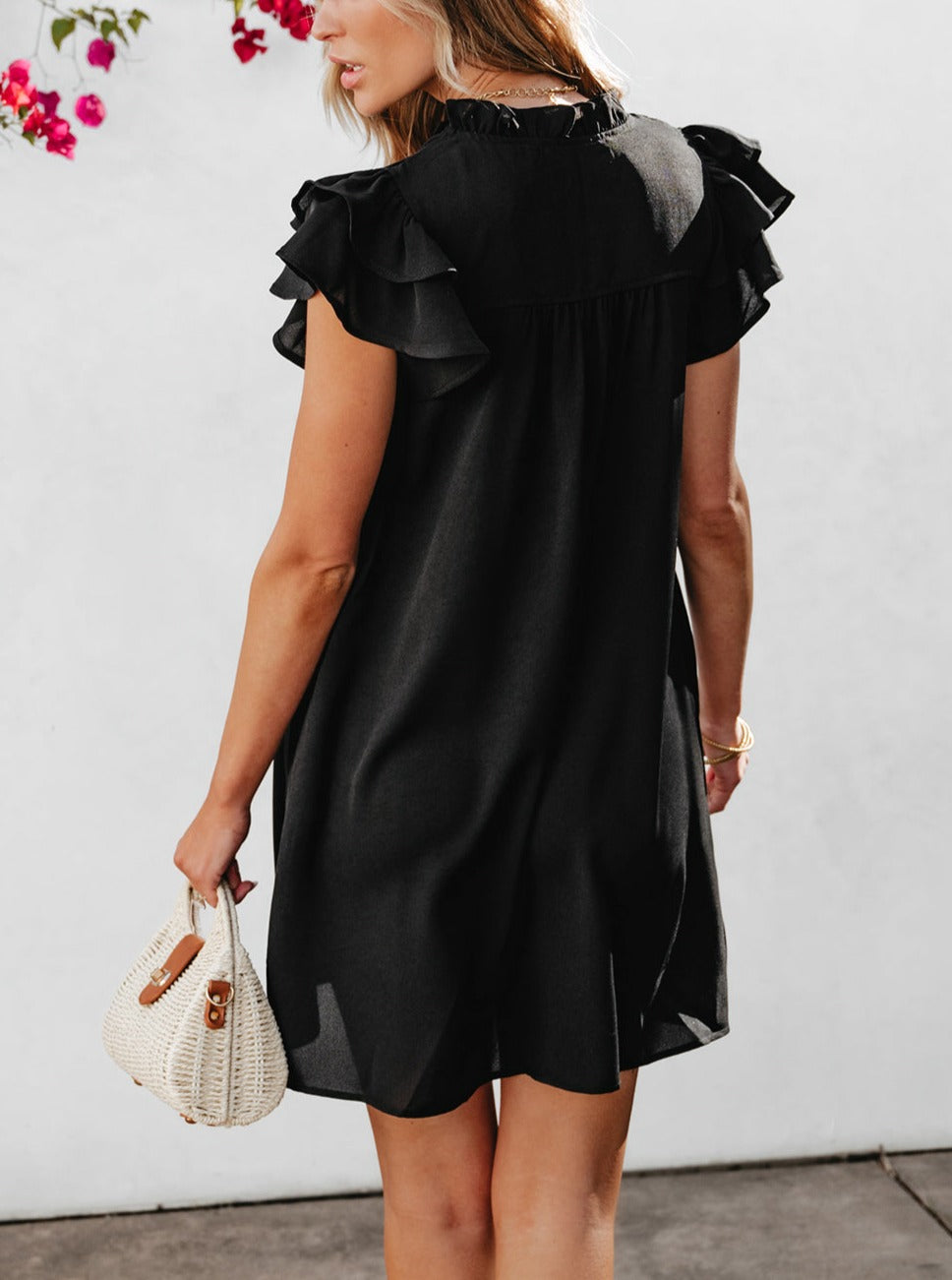 Ruffle Sleeve V Neck Frilled Shift Dress, S-XL, two color choices