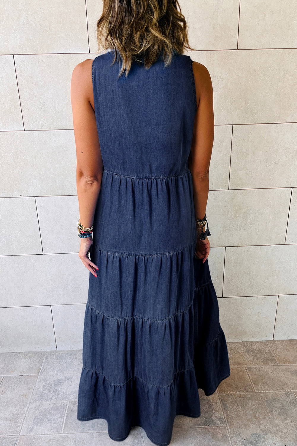 Sleeveless Tiered Chambray Maxi Dress, S-2XL, two color choices