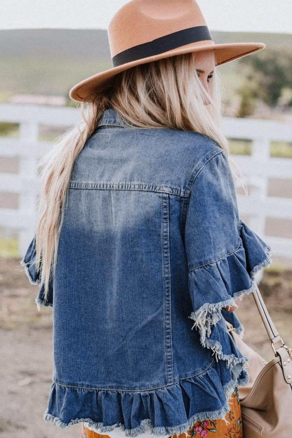 Raw Edge Ruffled Short Sleeve Denim Jacket, S-XL