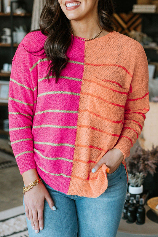 Color Block Striped Knit Sweater, 1XL-3XL