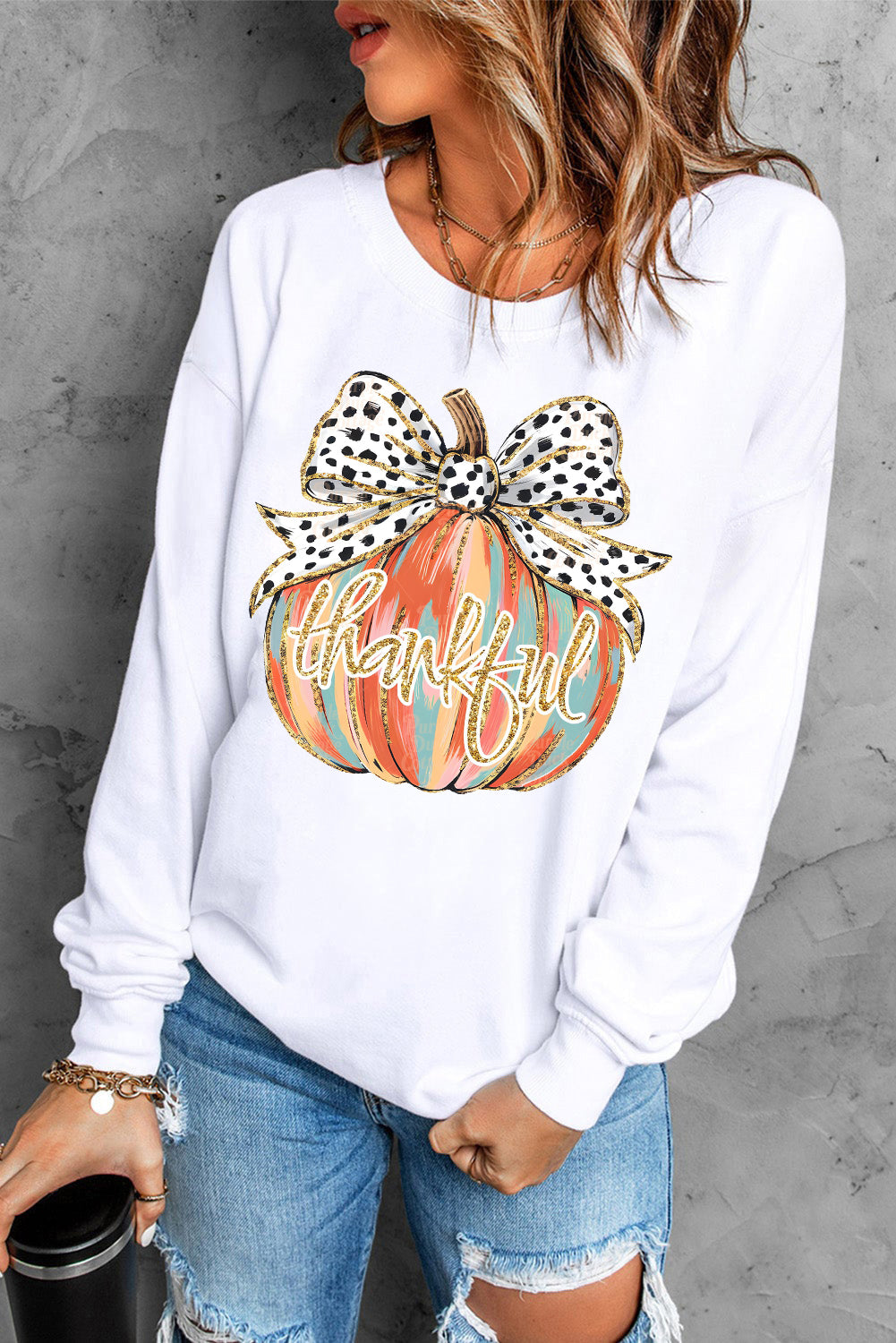 Polka Dot Bow Knot Pumpkin Print Thanksgiving Sweatshirt, S-2XL