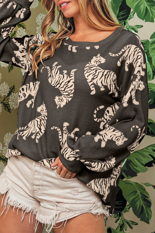 Drop Sleeve Tiger Pullover Sweater,S-XL