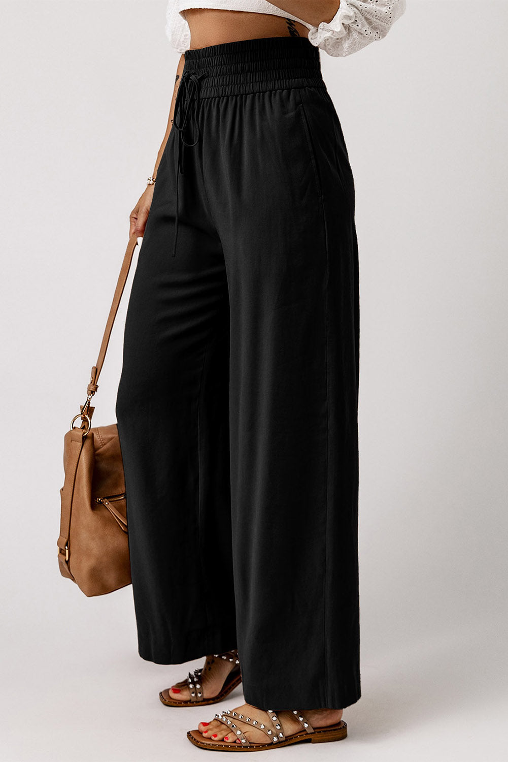 Black Casual Drawstring Shirred Elastic Waist Wide Leg Pants, S-XL