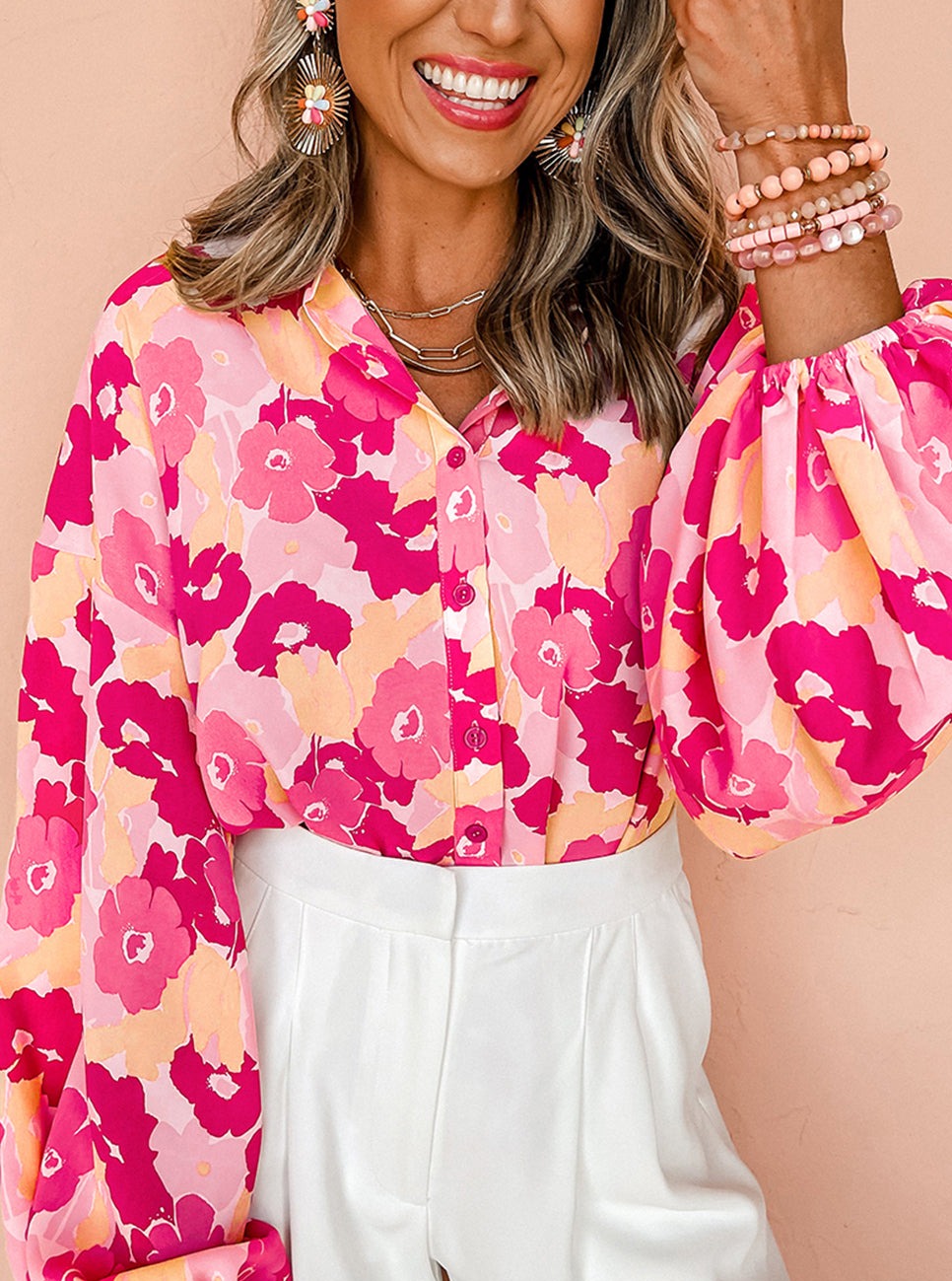 Blooming Floral Print Puff Sleeve Buttoned Shirt, S-XL