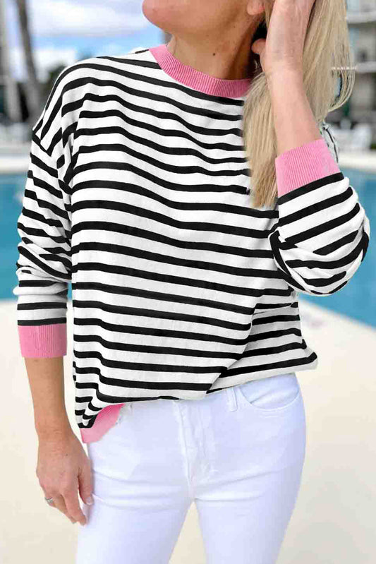 Striped Contrast Edge Long Sleeve Top, S-XL