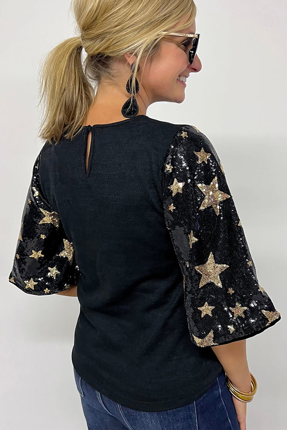 Black Star Sequin Splicing Half Sleeve Top, S-XL