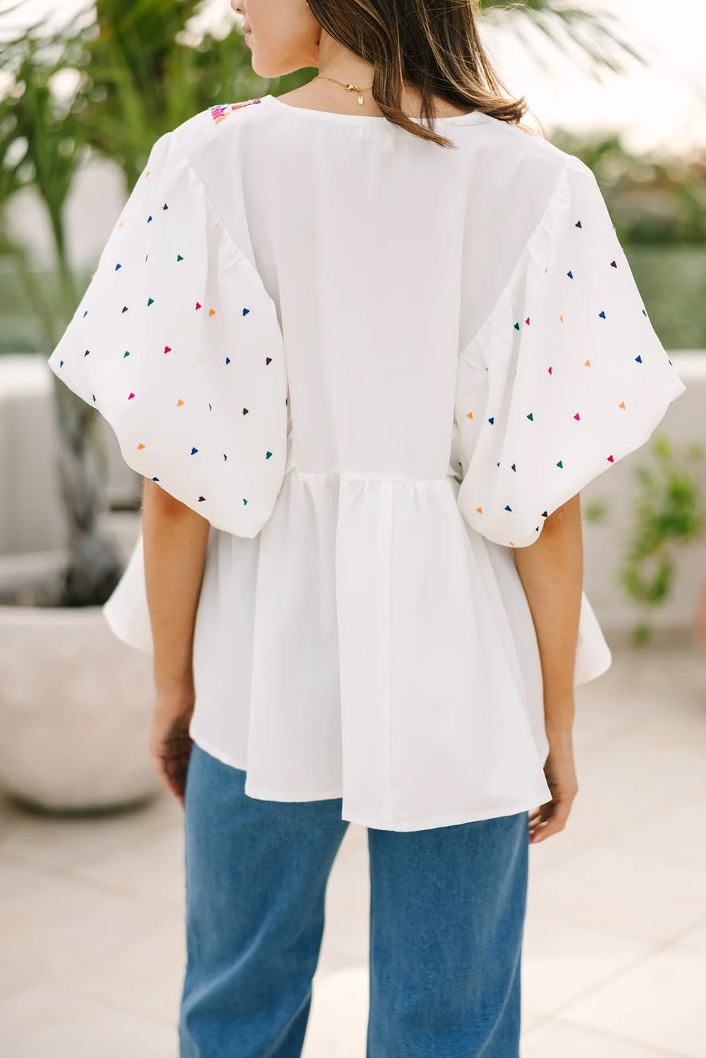 Embroidered Puff Sleeve V Neck Blouse, S-XL