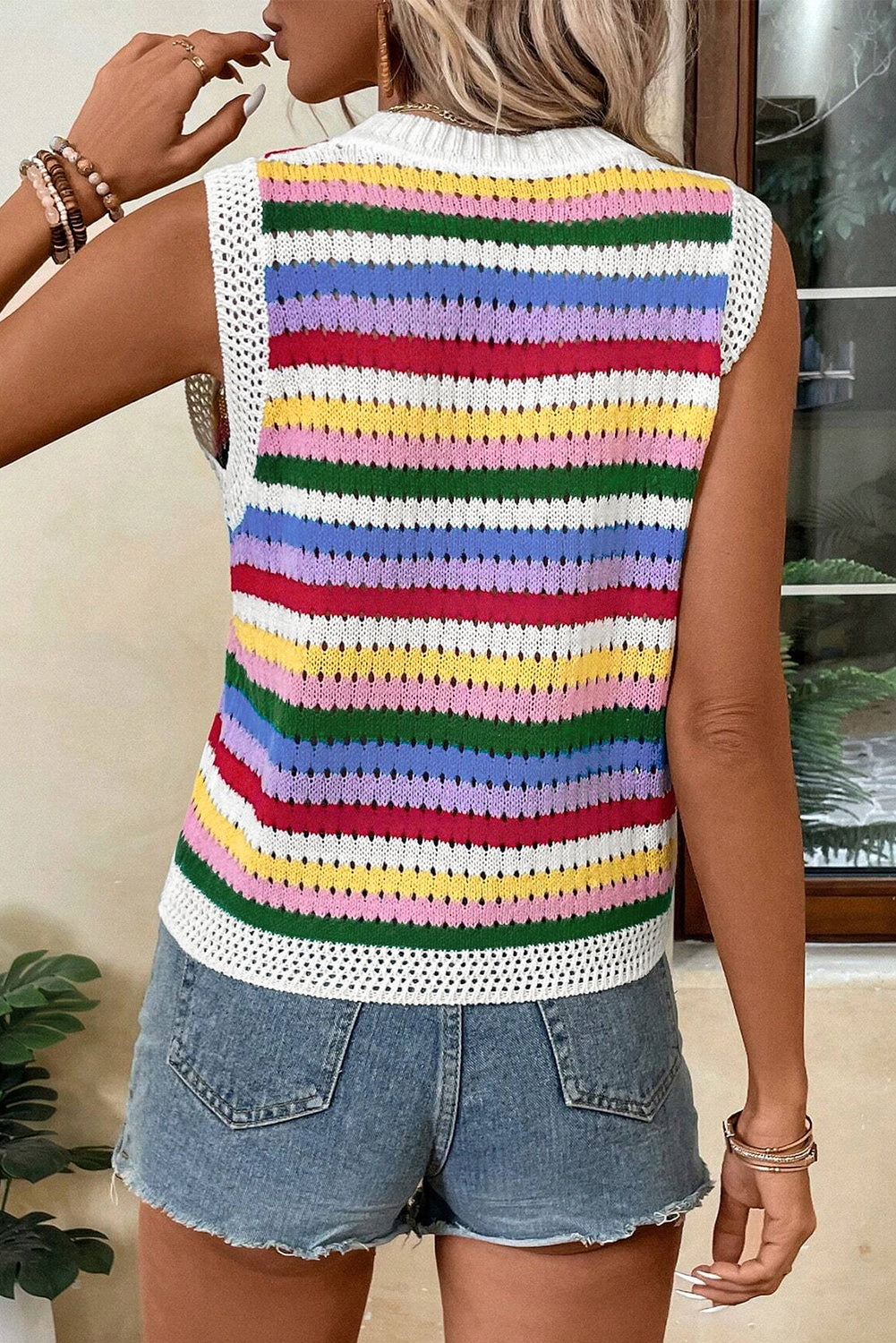 Multicolour Striped Knitted Eyelet Slim Sweater Vest, S-XL