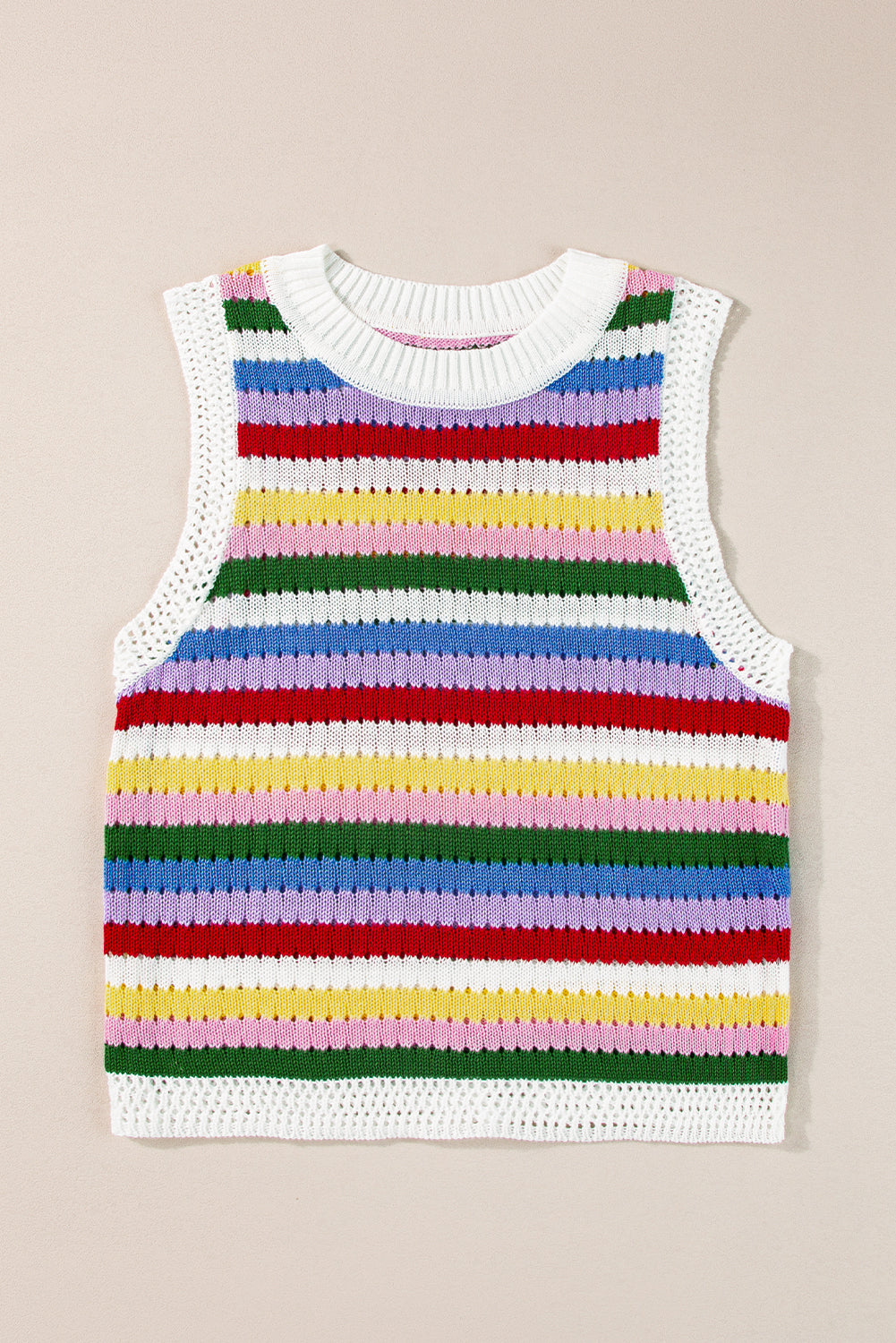 Multicolour Striped Knitted Eyelet Slim Sweater Vest, S-XL