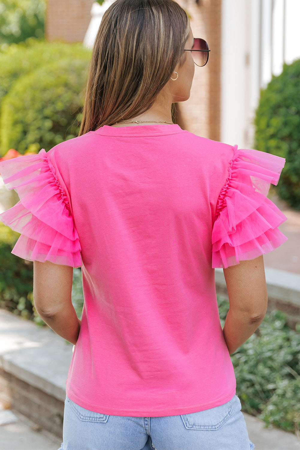 Tulle Ruffle Sleeve Blouse, S-2XL, three color choices