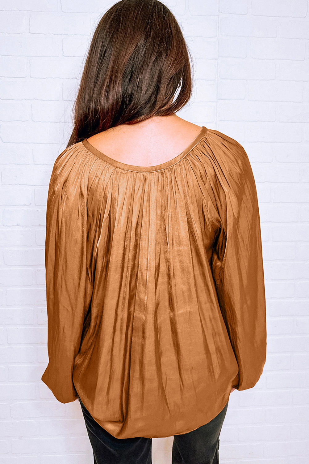 Camel Satin Pleated Tied V Neck Puff Sleeve Blouse, S-XL