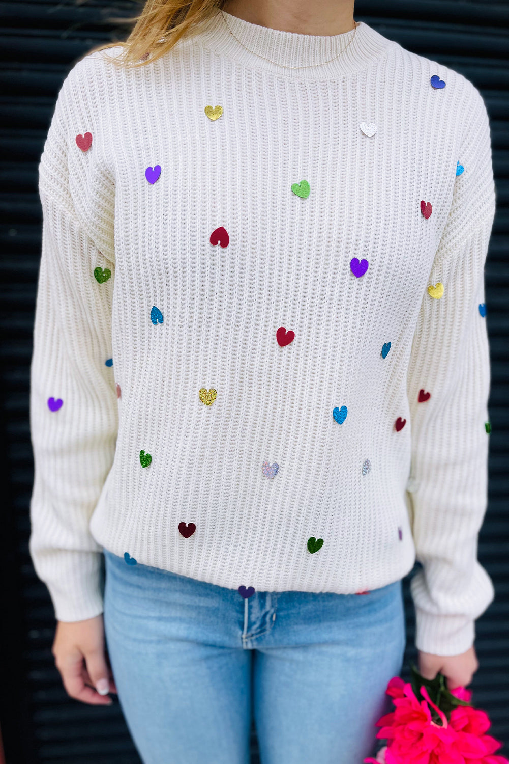 Sequin Heart Shape Waffle Knit Round Neck Sweater, S-XL