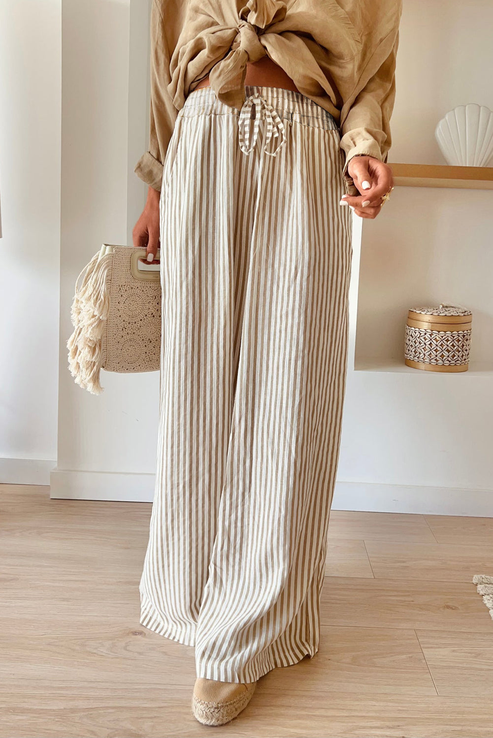 Stripe Print Wide Leg Drawstring Pants, S-XL