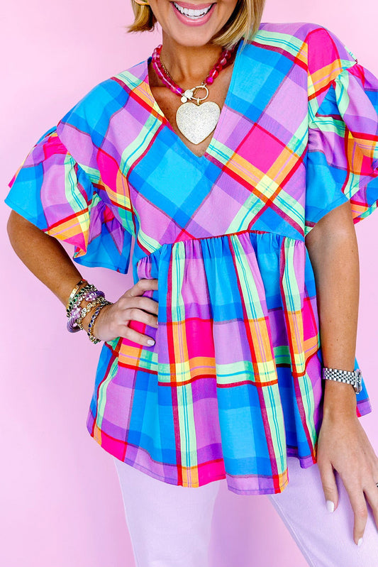 Colorful Plaid V Neck Ruffled Short Sleeve Babydoll Top, S-XL