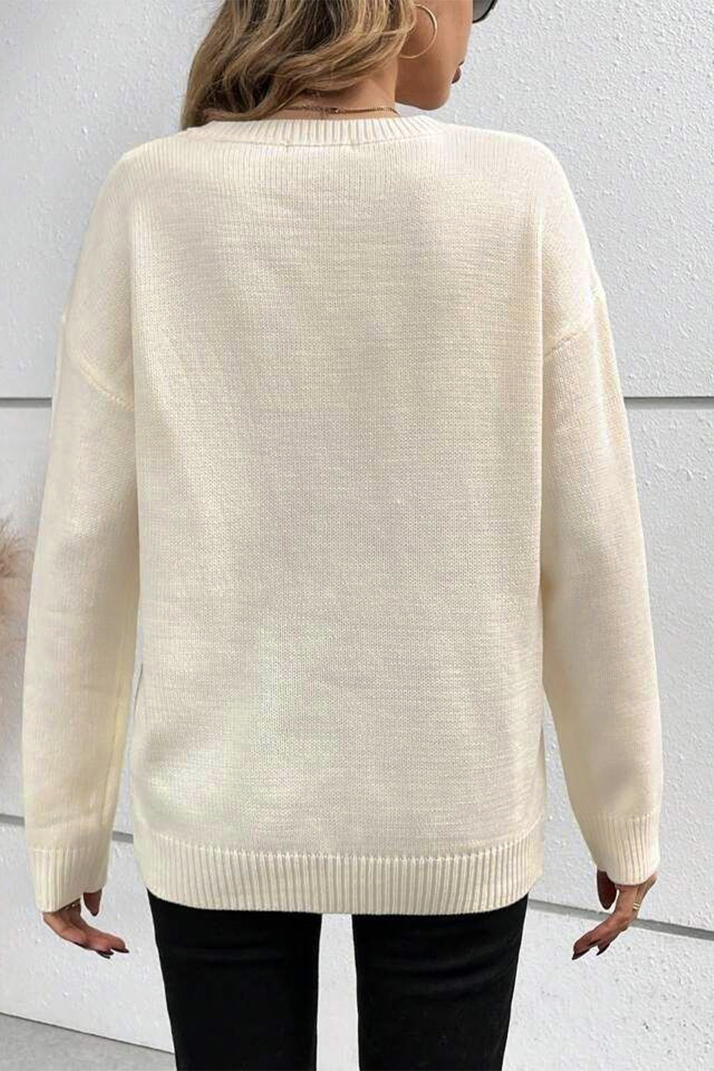 Boo Knitted Pattern Ribbed Edge Drop Shoulder Sweater, S-2XL, two color choices