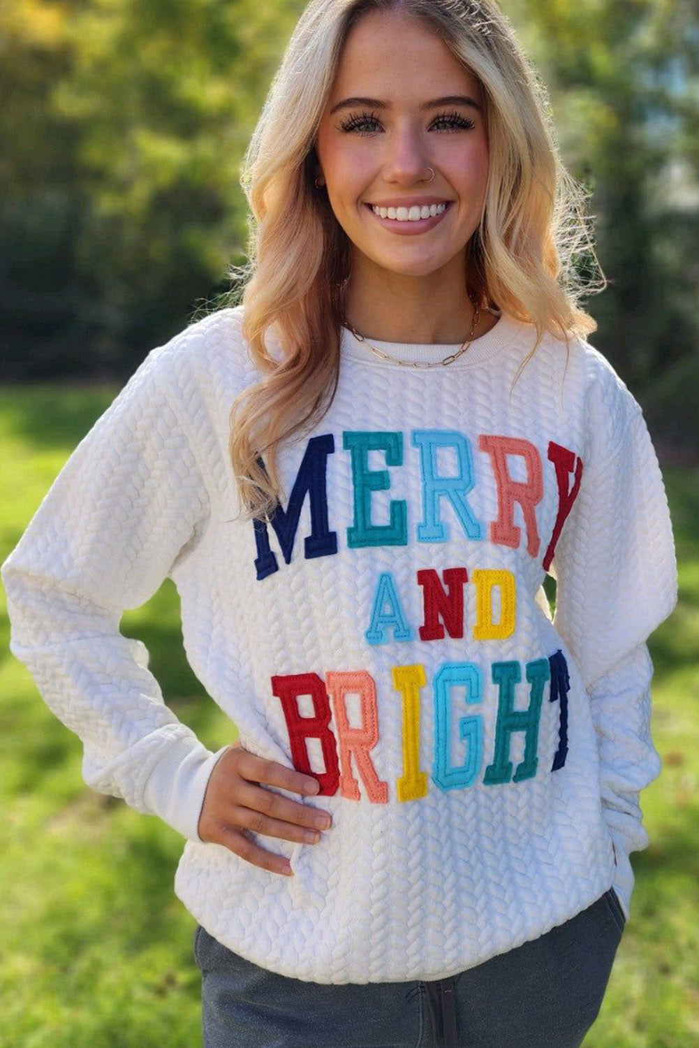 Bright White Merry And Bright Cable Knit Pullover Sweatshirt, S-XL