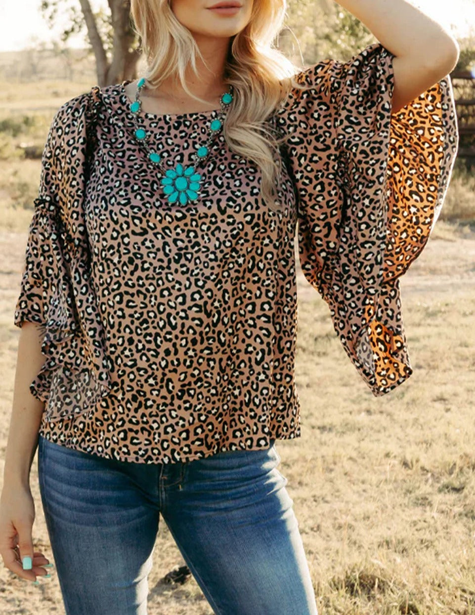 Leopard Print Ruffle Wide Sleeve Blouse, S-XL