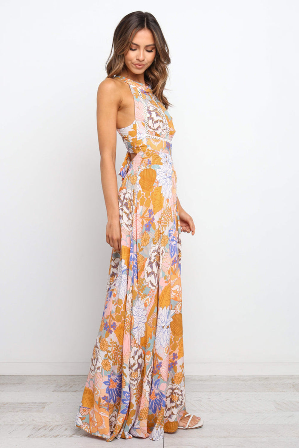 Boho Floral Backless Lace up Sleeveless Maxi Dress, S-XL