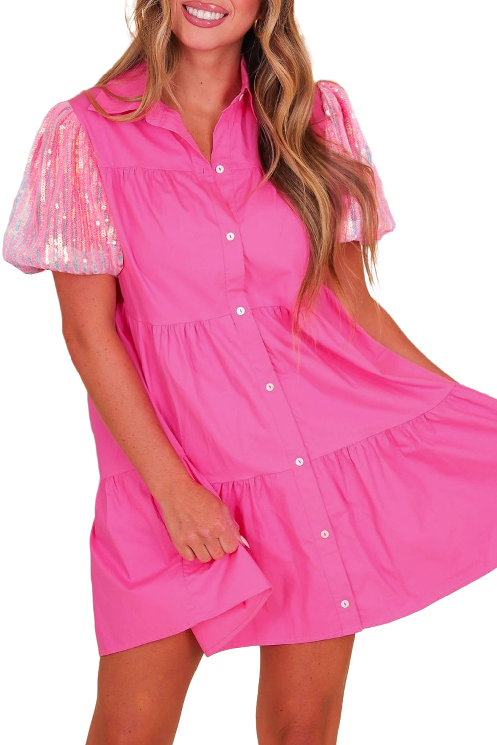 Sequined Bubble Sleeve Tiered Ruffled Shirt Dress, S-XL