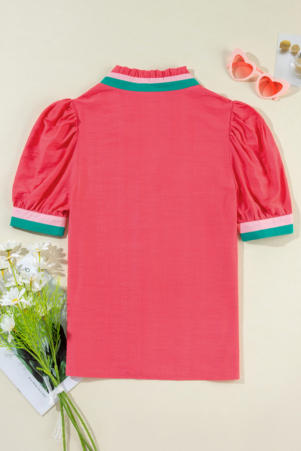 Colorful Trim V Neck Short Sleeve Blouse, S-XL, two color choices