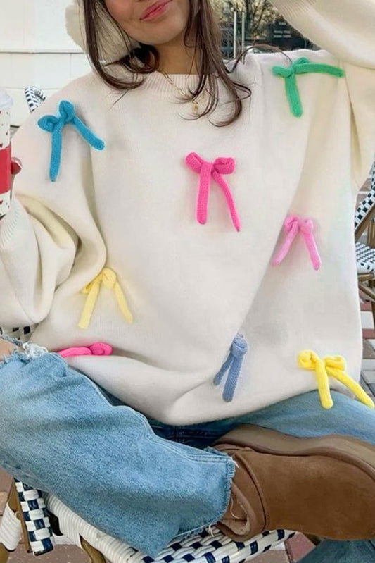 Colorful Bow Knot Decor Crewneck Oversized Sweater, S-XL