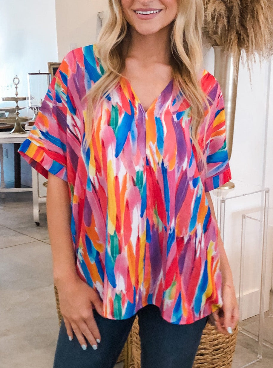 Multicolour Feather Print V Neck Blouse, S-XL