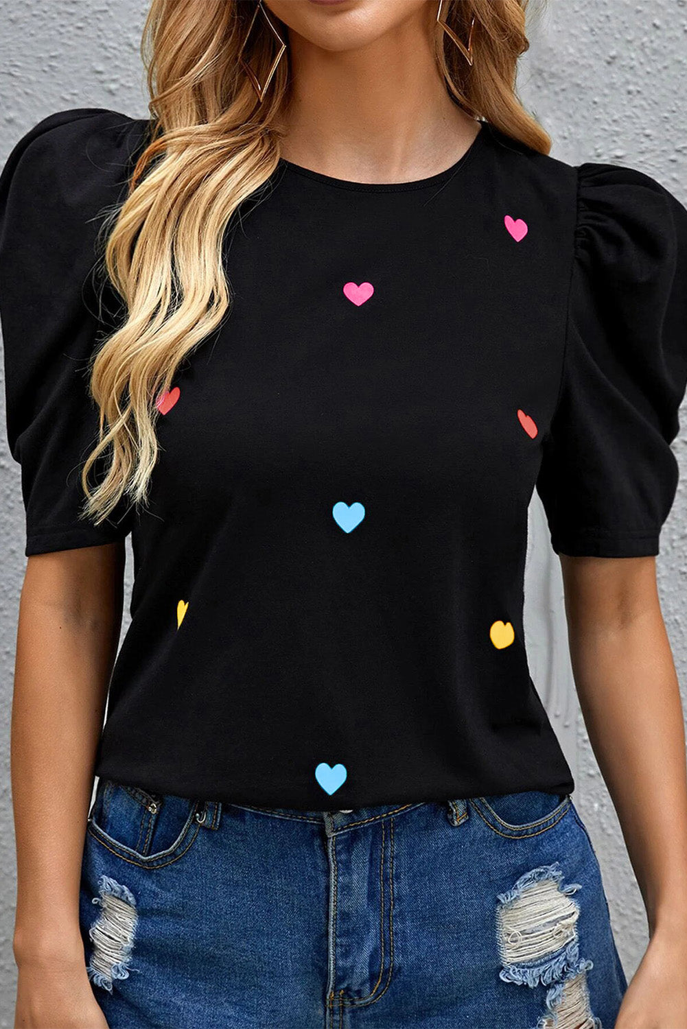 Heart Shape Print Short Puff Sleeve Top, S-XL